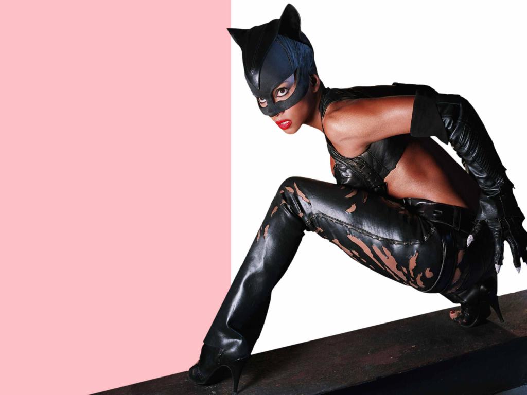 halle berry, sexy babe, ebony, actress, hollywood, glamour, posing, black, leather, costum, mask, pants, top, gloves, high heels, movie, catwoman, batman, ebony gold, real celebs wall