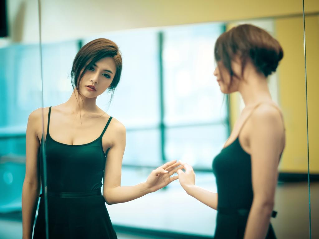 asian, girl, ballet, brunette, mirror, reflection