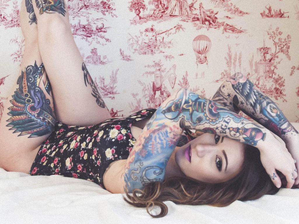 bonnie holiday, young, brunette, model, tattoo, sexy babe, long hair, close up, eyes, face, laying, bed, lingerie, leotard, erotic, tattoos, body art, bonnie