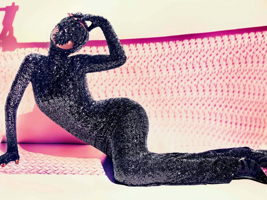 adult model, slim, sexy babe, posing, sitting, tight clothes, black, shiny, robe, mask, sitting, erotic art, zentai, fetish babe, lingerie series, erotic, shiny clothes, high heels, widescreen cut