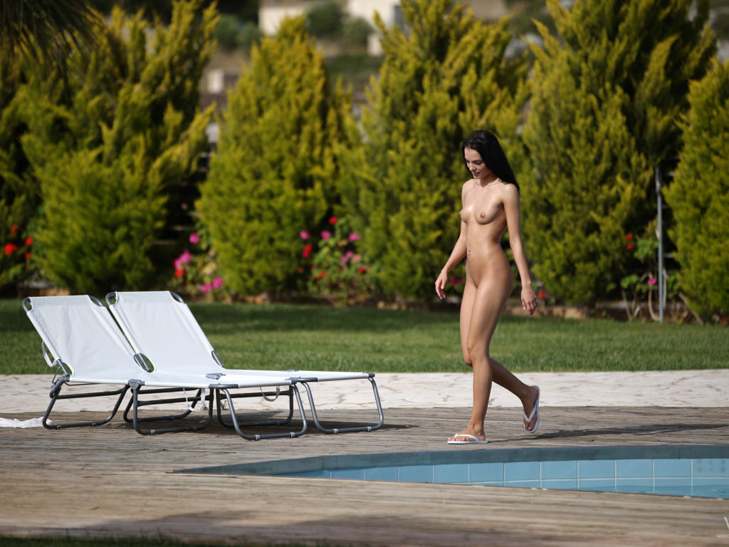 evinka purgatova, sapphira, brunette, long hair, naked, small tits, nipples, pierced navel, pool, outdoors, sapphira a, maya m, evinka, wet, nature