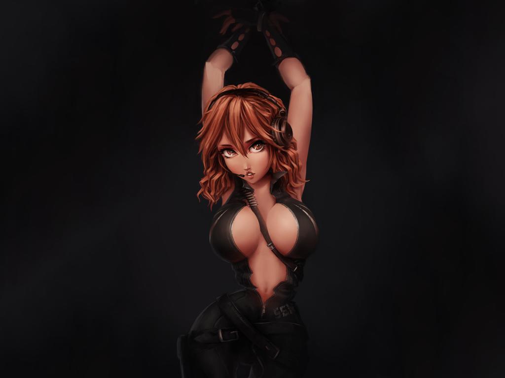 anime, tied up, hands up, red hair, big breasts, cartoon, fantasy, girls, nice look
