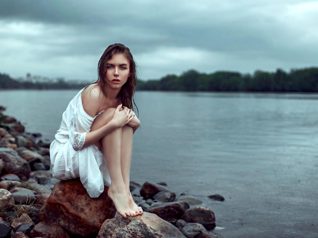 victoria vishnevetskaya, model, pretty, babe, brunette, russian, dress, rain, legs, graceful feet, 4k, lake, nature