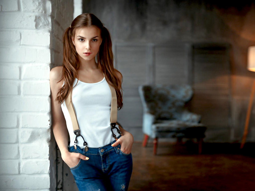 elina loseva, model, pretty, babe, brunette, ponytails, sensual lips, shirt, jeans, georgy chernyadyev studio, lamp, chair