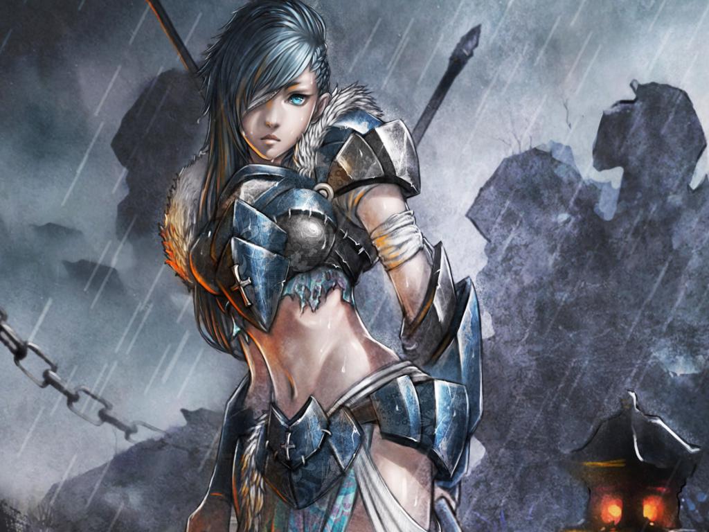 art, warrior, women, armour, rain, fantasy