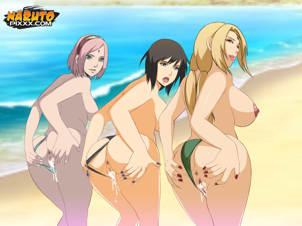 naruto, hentai, anime, cream pie, pussy, sea, beach, labia, cum in pussy