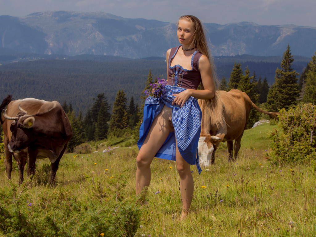 milena angel, alps, flowers, cow, carol, kate, milena, milena d, veronika a, trimmed pussy, pussy, grass