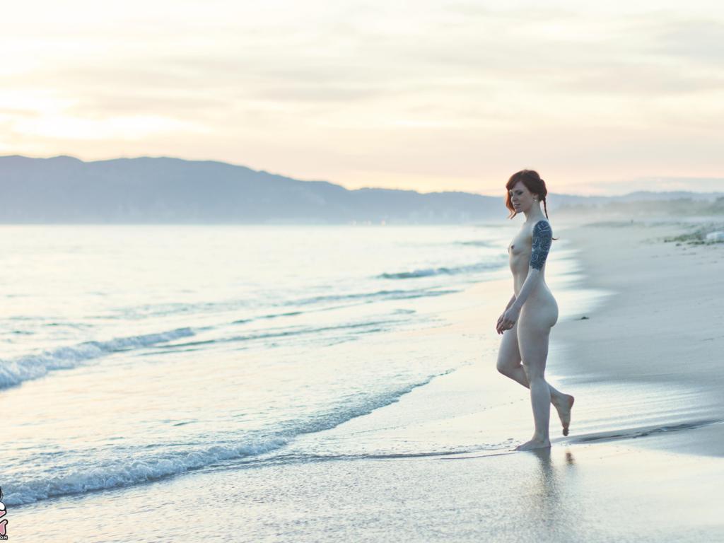annalee, redhead, tattoo, small tits, beach, nude