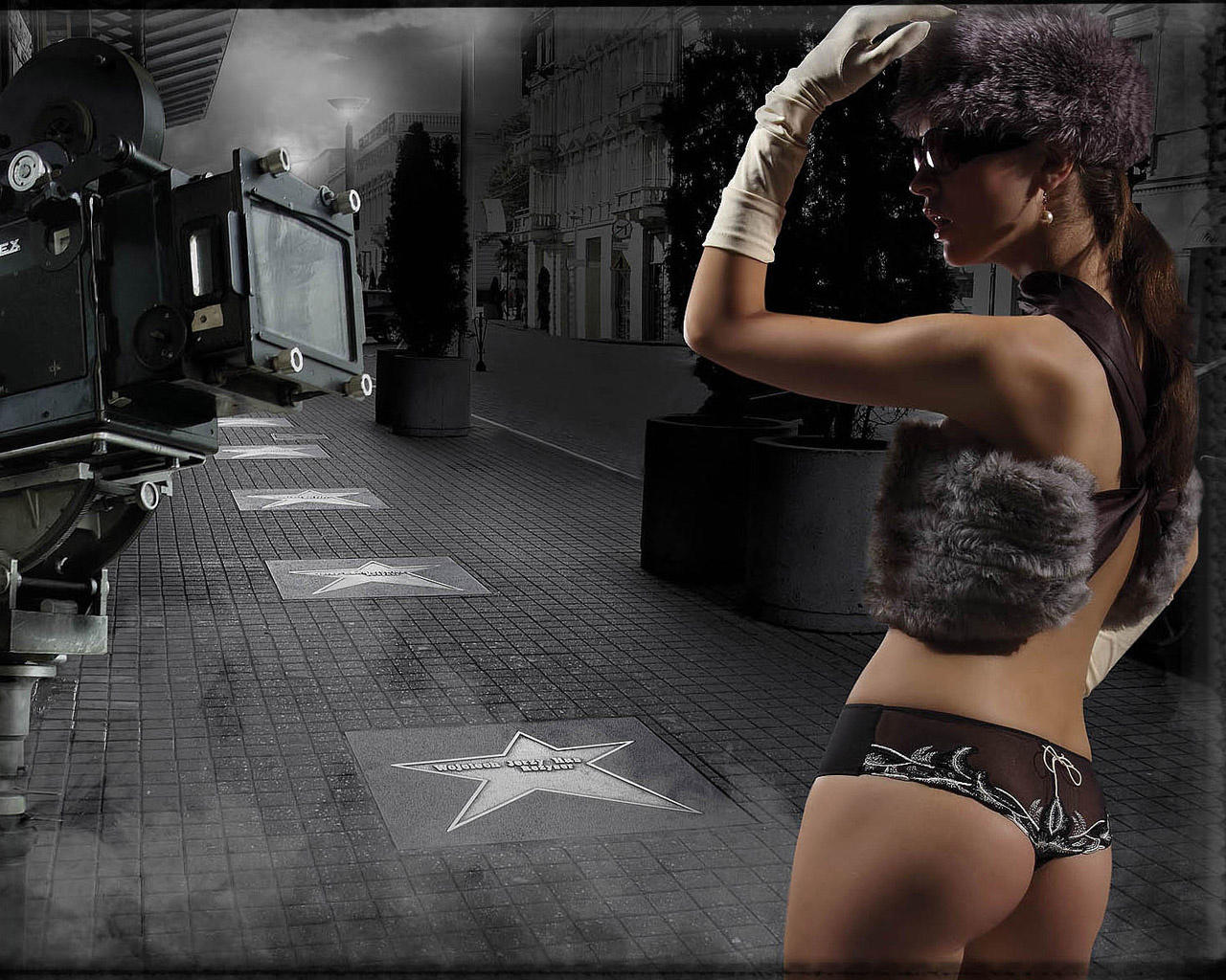 lingerie, fur, gloves, hat, glasses