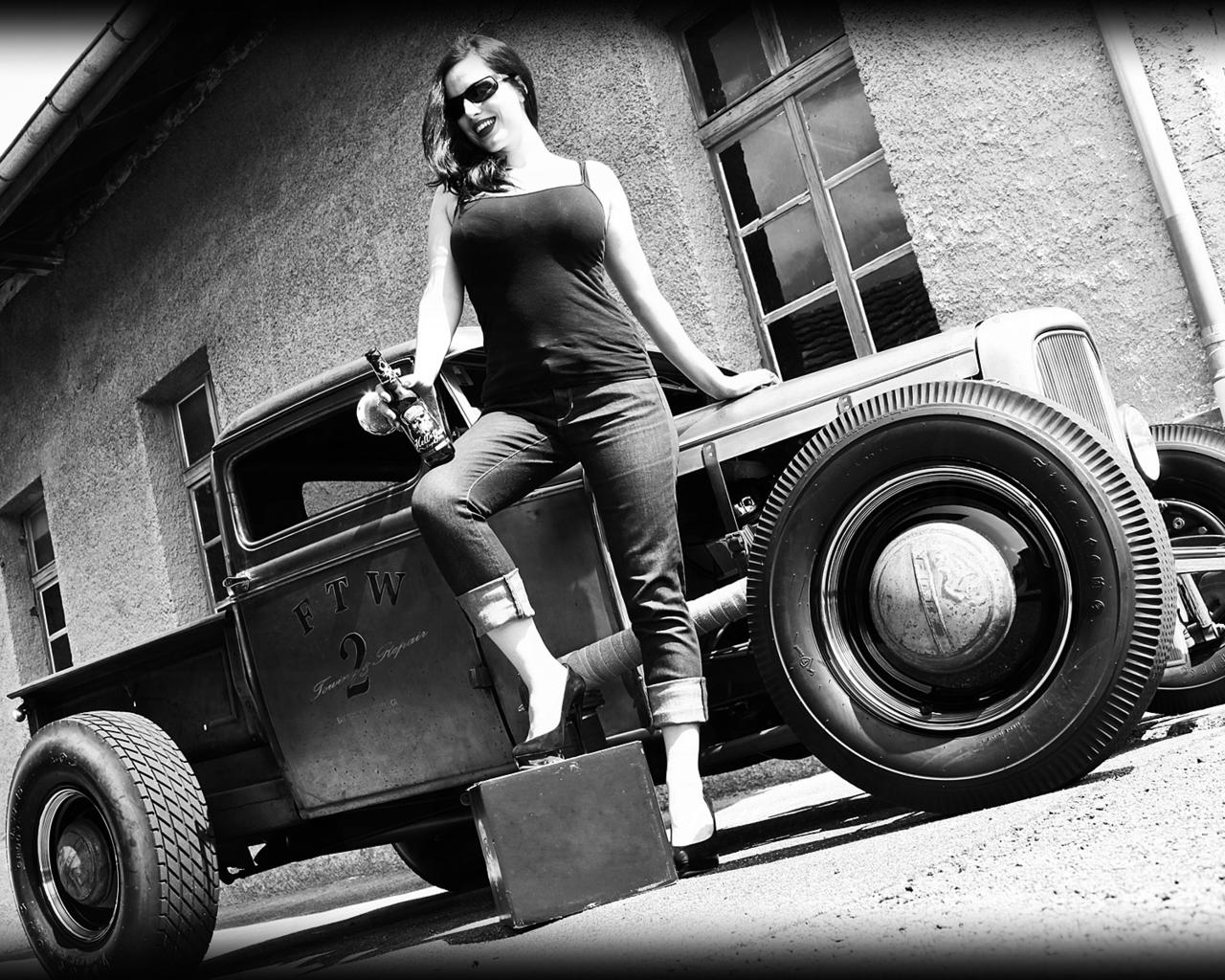 brunette, glasses, car