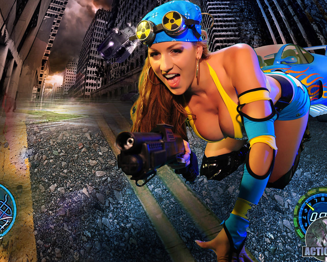 action girl, blue, jordan carver, yellow, gun, action girls, guns