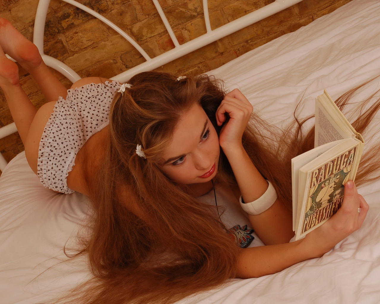 girl, sexy, redhead, lingerie, panties, ass, buttocks, bed, book, milena d, soles, homework