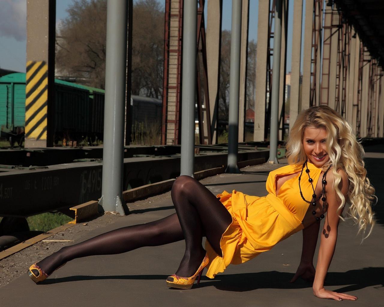 smile, pantyhose, dress, legs, hips, thighs, heels, railroad, beads, long hair, curly hair