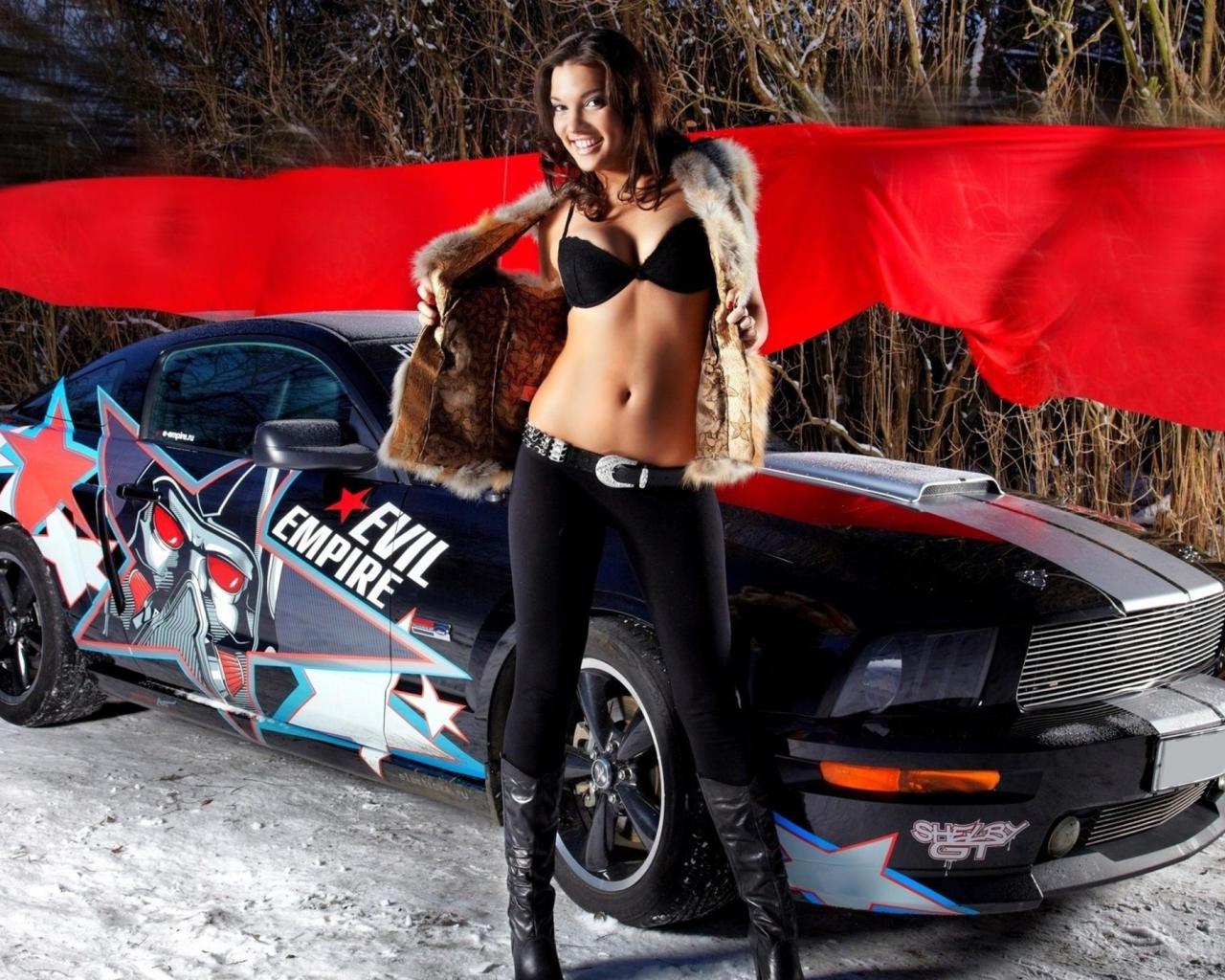 car, babe, brunette, leggings, black, bra, fur, boots, smile, babes and cars, ford mustang, sexy, decollete, erotic, tight clothes, lycra, knee boots