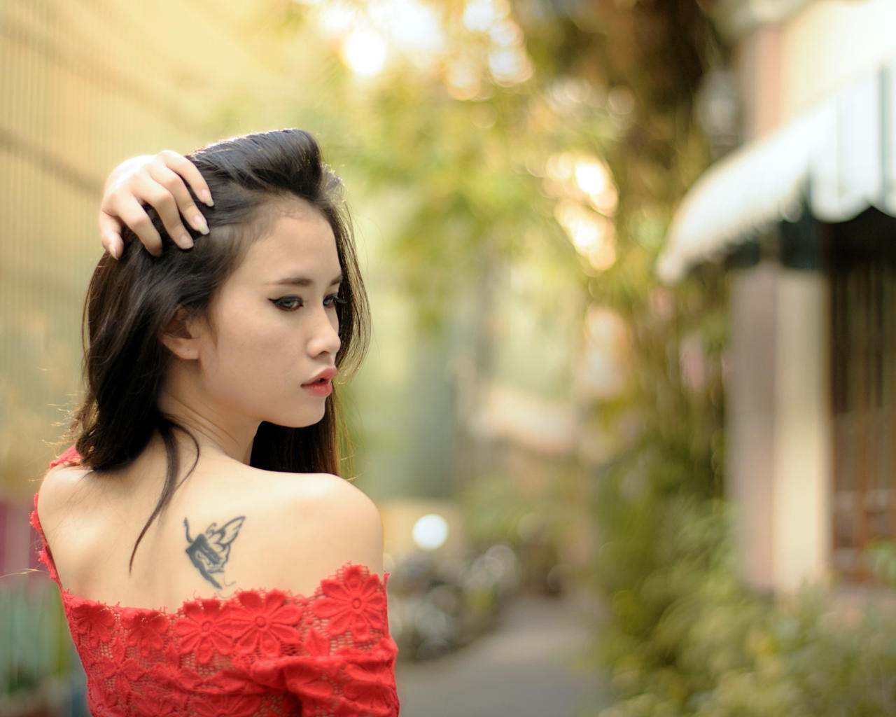 asian, girl, outdoors, dress, beauty, smile, tattoo