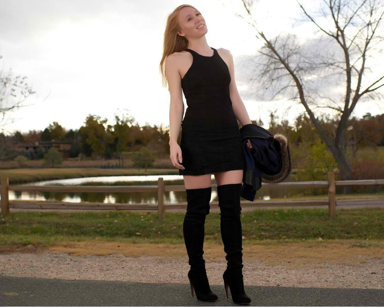 sexy babe, redhead, amateur, posing, outdoor, sexy dressed, leather, high boots, black, minidress, lake, water, landscape, heaven, clouds