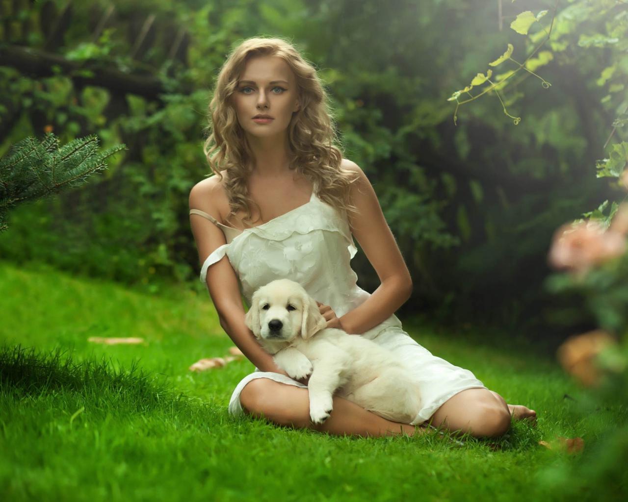 blonde, blue eyed beauty, dog, girl, dress, sexy, outdoor, flowers, widescreen, non nude
