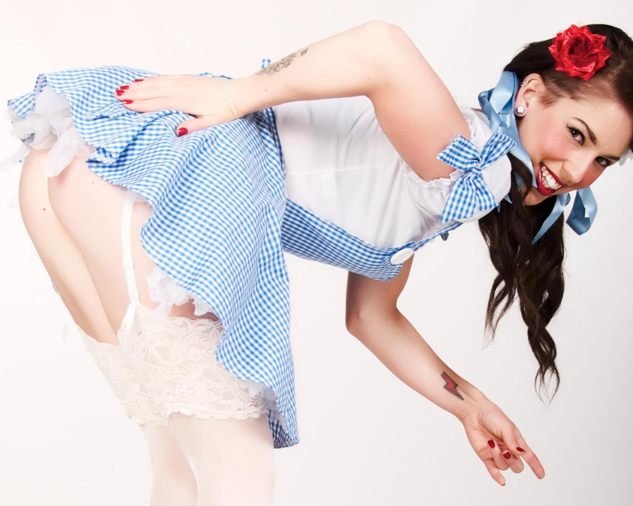 young, brunette, model, slim, sexy babe, long hair, tattoo, posing, bend forward, sexy dressed, lingerie, cosplay, dorothy, costum, stockings, pin up style, make up art, hi-q, nice rack, sexy ass, string, sexy, ass wallpaper, erotic, red lips