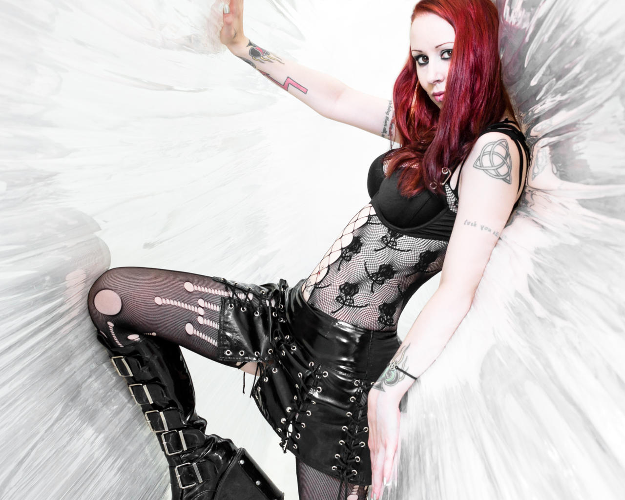 daisy may, young, redhead, tattoo, alternative, model, slim, sexy babe, long hair, piercing, black, lingerie, fishnet, bodystocking, pvc, miniskirt, erotic art, close up, hi-q