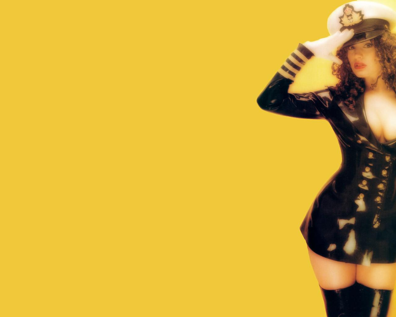 kelly brook, british, celebrity, model, actress, brunette, milf, busty, sexy babe, long hair, posing, latex, uniform, hat, erotic, red lips, pin up style, fetish babe, own cut, minimalist wall, hi-q, magazine, scan, kelly, sexy, decollete, uniform fetish