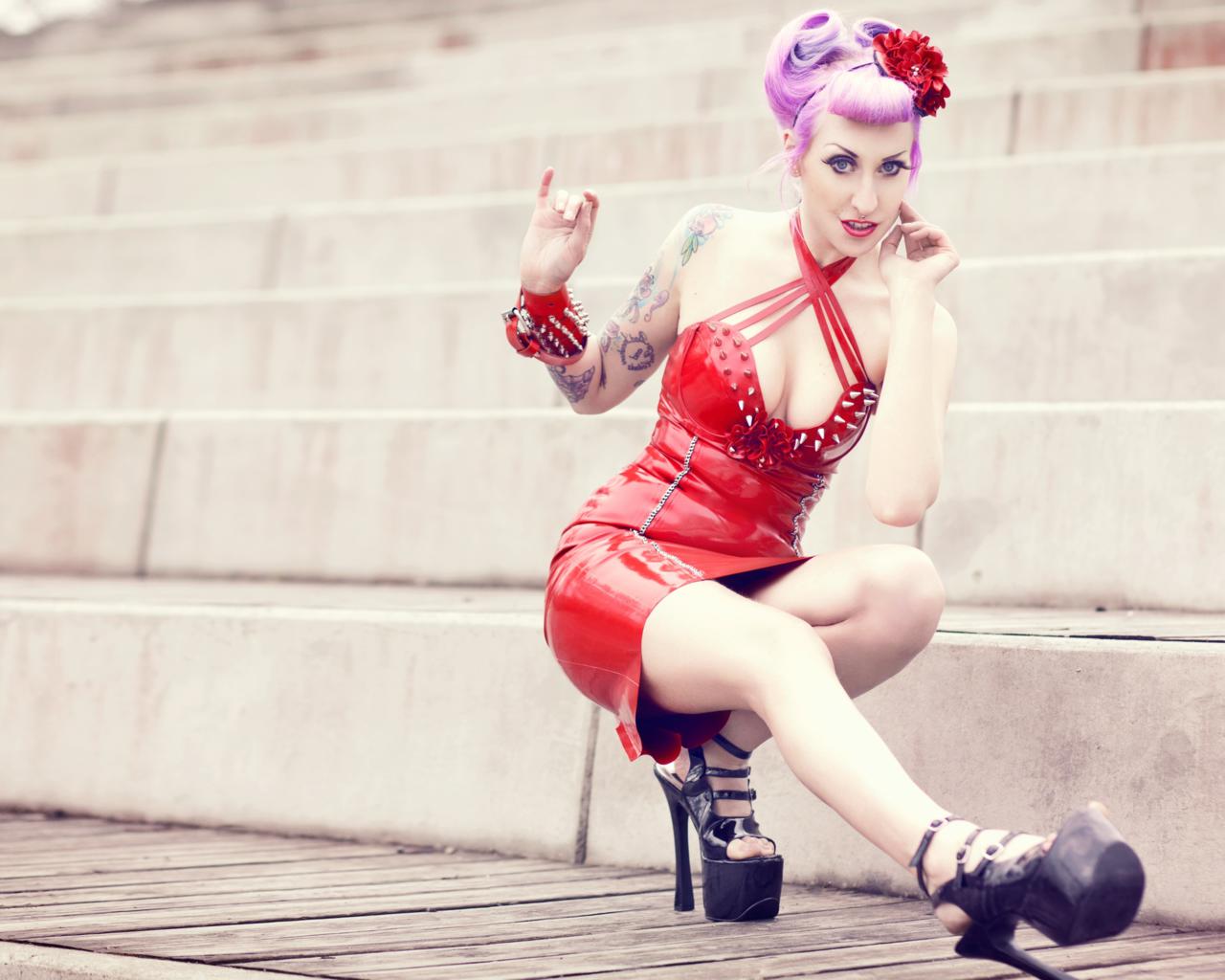 slim, young, alternative, tattoo, fetish model, sexy babe, pink hair, pale skin, blue eyes, posing, outdoor, sexy dressed, red, latex, minidress, sexy, decollete, shiny, rubber, fetish, legs, plateau heels, erotic, fetish babe, jos