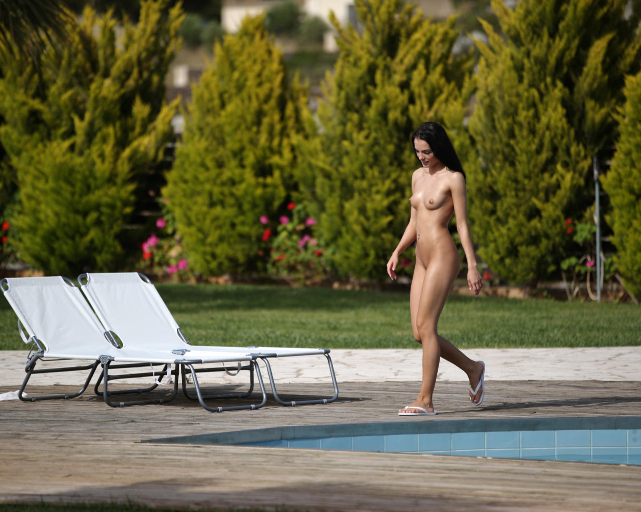 evinka purgatova, sapphira, brunette, long hair, naked, small tits, nipples, pierced navel, pool, outdoors, sapphira a, maya m, evinka, wet, nature