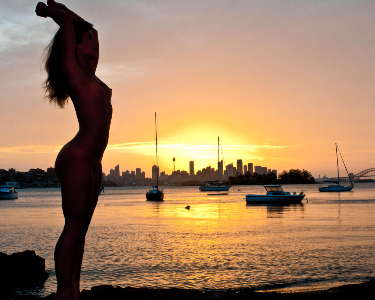 silhouette, nude, naked, sunset, sydney, australia, tits, yacht, boat