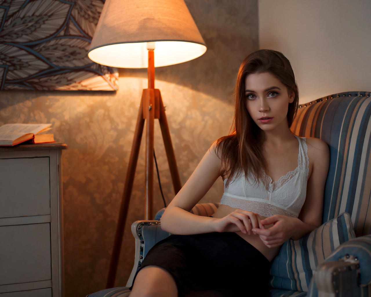 ksenia kokoreva, model, pretty, babe, brunette, russian, white bra, bra, skirt, sofa, 4k