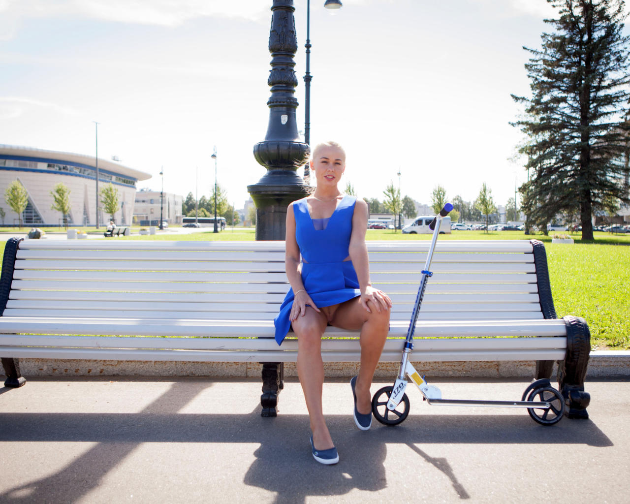 sarika, sarika a, anna s, darina a, davina, blonde, outdoors, dress, no panties, spread legs, shaved pussy, landing strip, scooter, hi-q