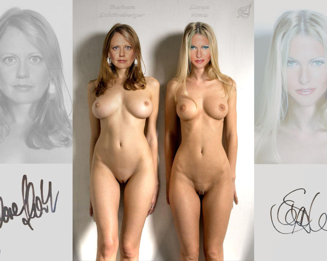 german tv-presenter, barbara schoneberger, sonya kraus, big boobs, posing, shaved, photoshoot, blond, brunette, compilation, celebrity fake, two girls, low quality