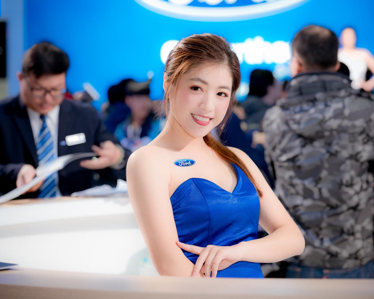 girl, asian, sweet, cute, smile, blue dress, brunette, car show