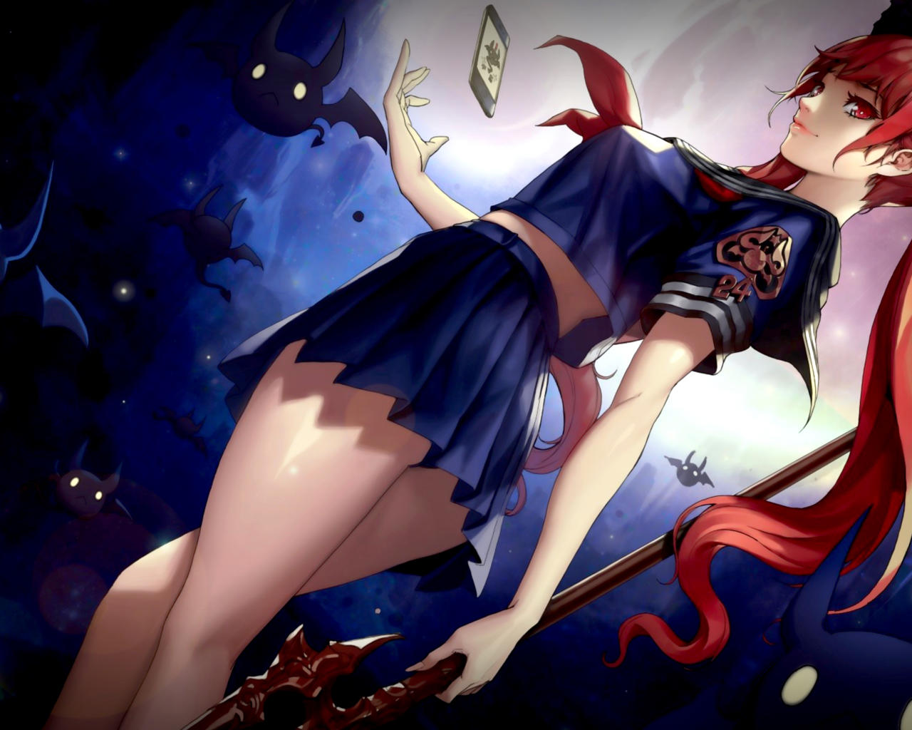 girl, red hair, evil, uniform, anime, mobile phone, cell phone