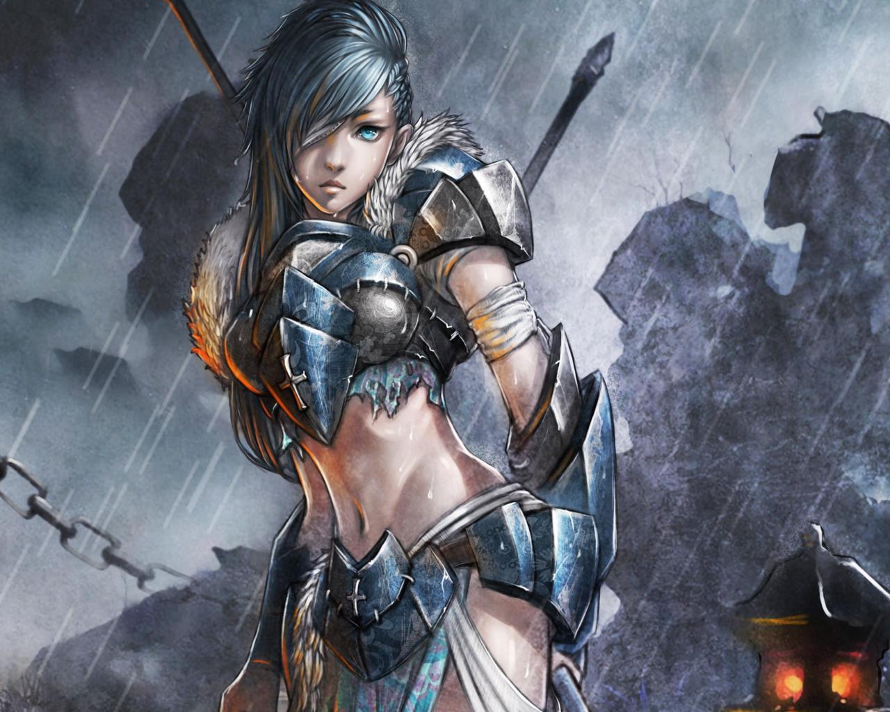 art, warrior, women, armour, rain, fantasy