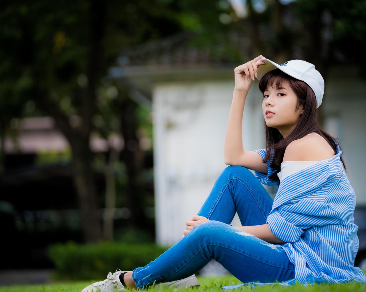 asian, sweet, cute, girl, cap, brunette, jeans