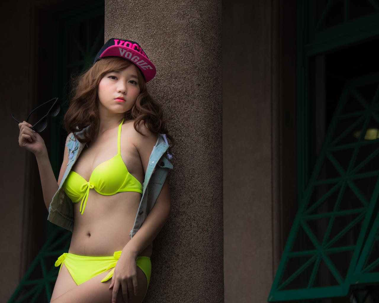 asian, girl, sweet, cute, bikini, brunette, yellow bikini, cap, non nude, gorgeous, hat