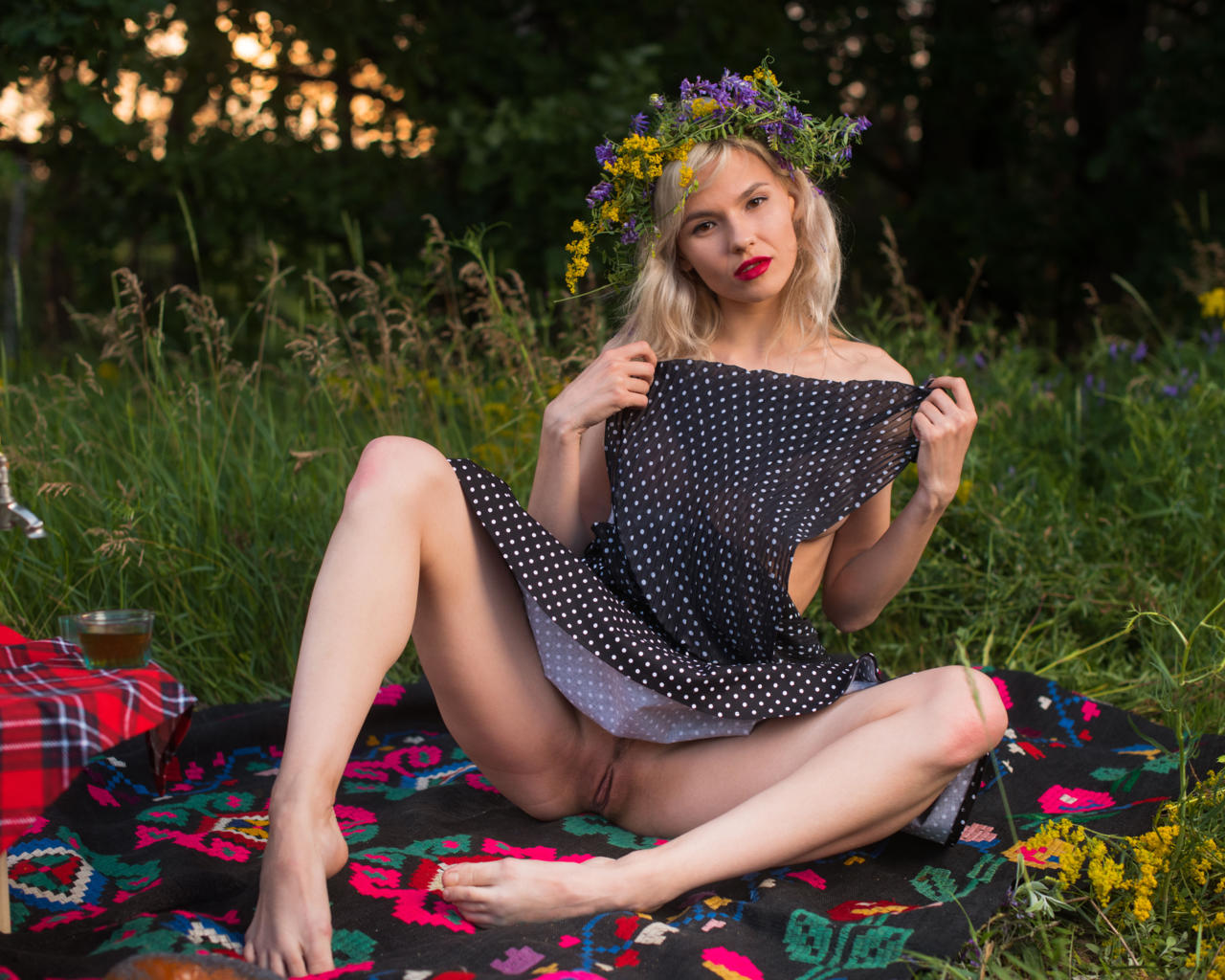 zarina a, blonde, dress, erotic, outdoors, trimmed pussy, labia, pussy, spreading legs, red lips, grass