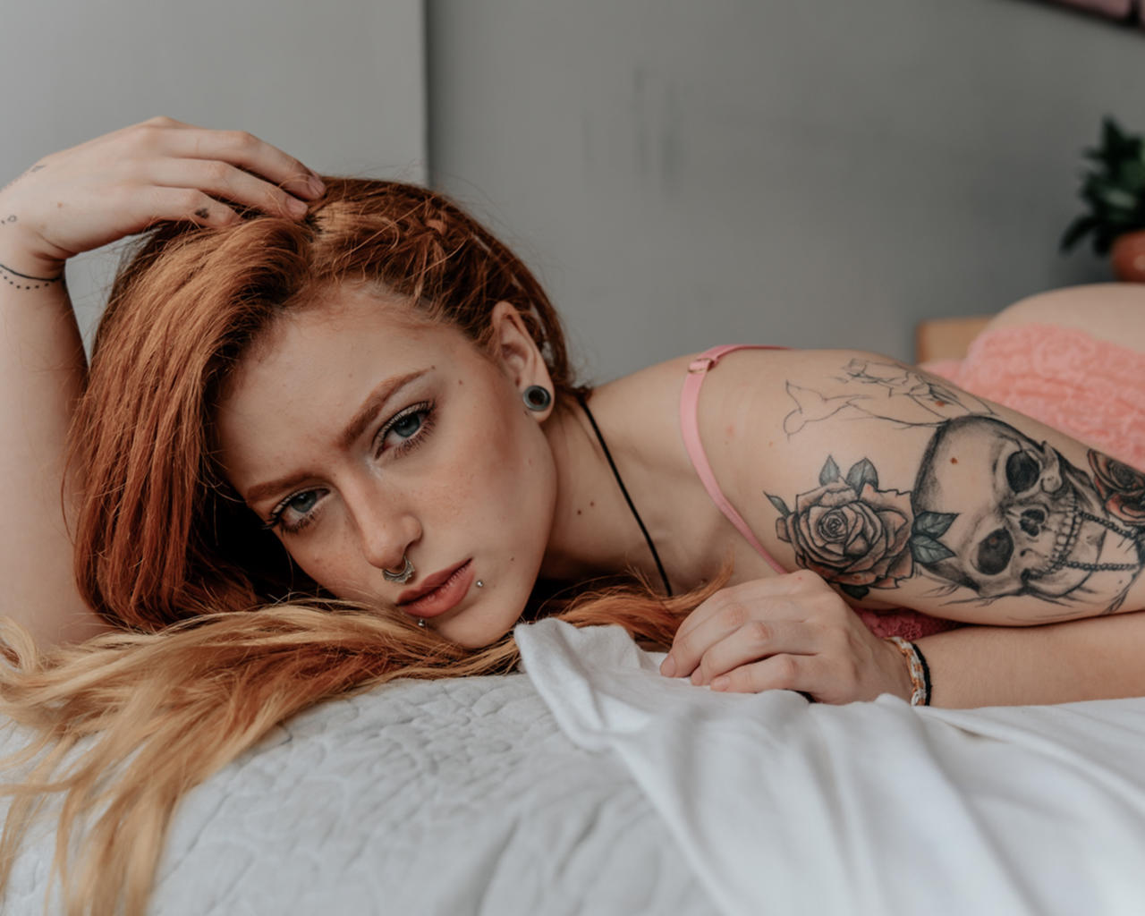 adriana, redhead, non nude, eye contact, tattoo, panties, lingerie