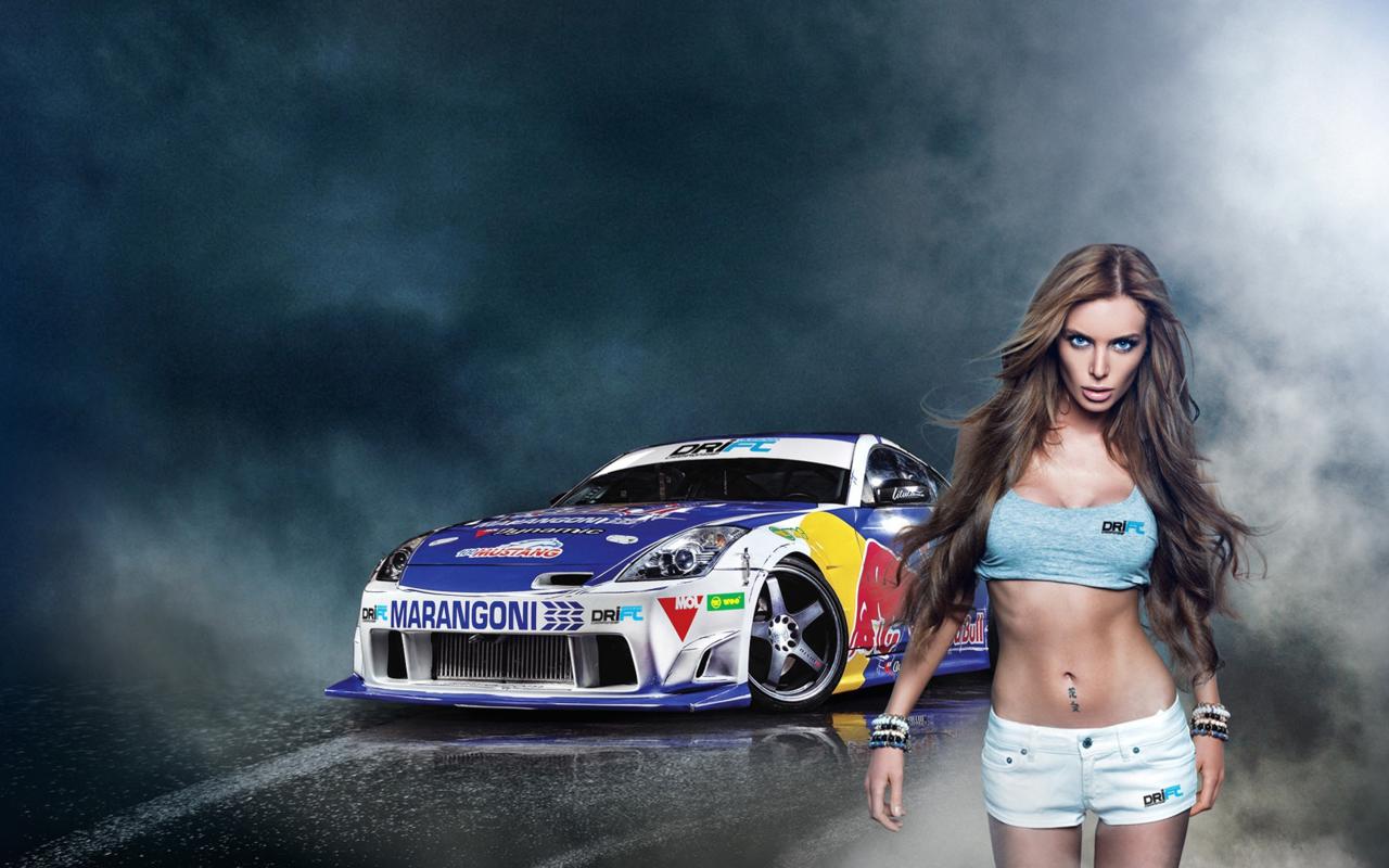 babe, model, tuner, blue eyes, mini skirt, nissan 350z, drift car, racing