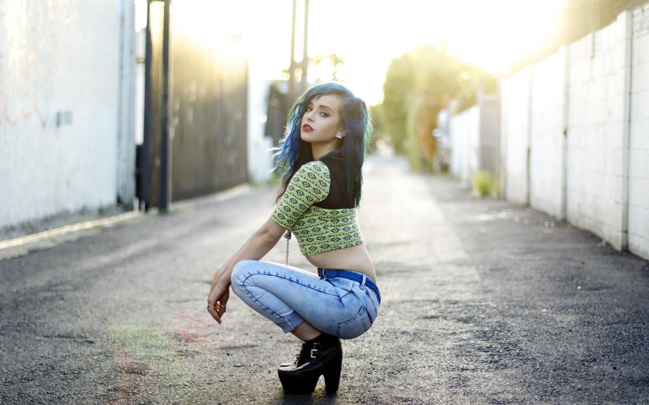 brunette, sexy girl, jeans, long hair, view, look, dani artaud, alternative, gothic, model, young, sexy babe, posing, kneeling, sexy, dressed, casual wear, high heels, different, erotic, dani, squatting, non nude