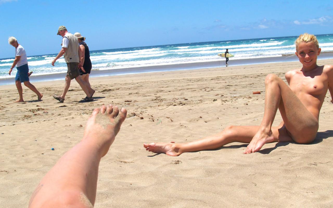 blonde, nude, slim, smile, public, beach, public, surfer