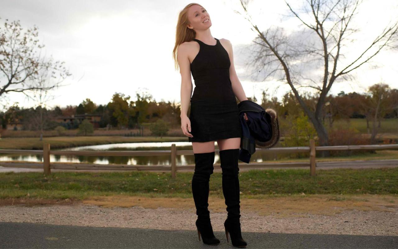 sexy babe, redhead, amateur, posing, outdoor, sexy dressed, leather, high boots, black, minidress, lake, water, landscape, heaven, clouds