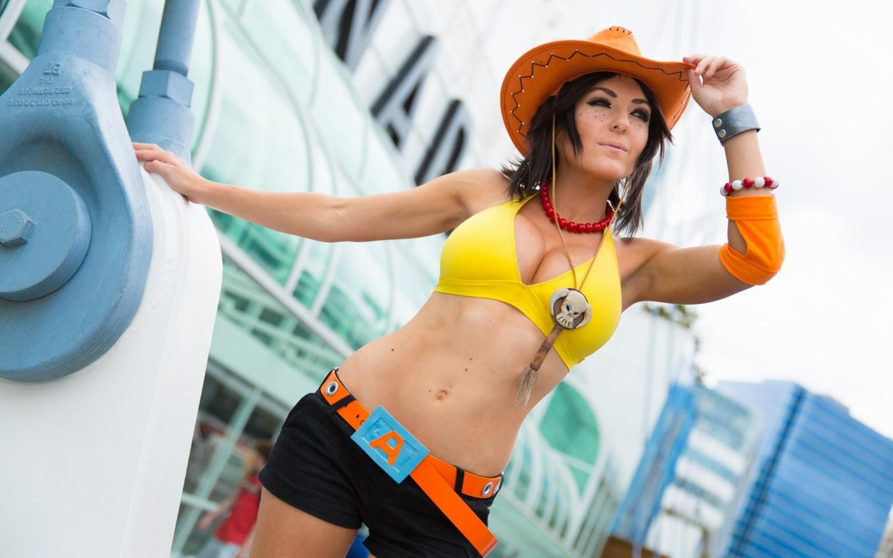 jessica nigri, brunette, sexy girl, lingerie, brassiere, shorts, hat, cosplay