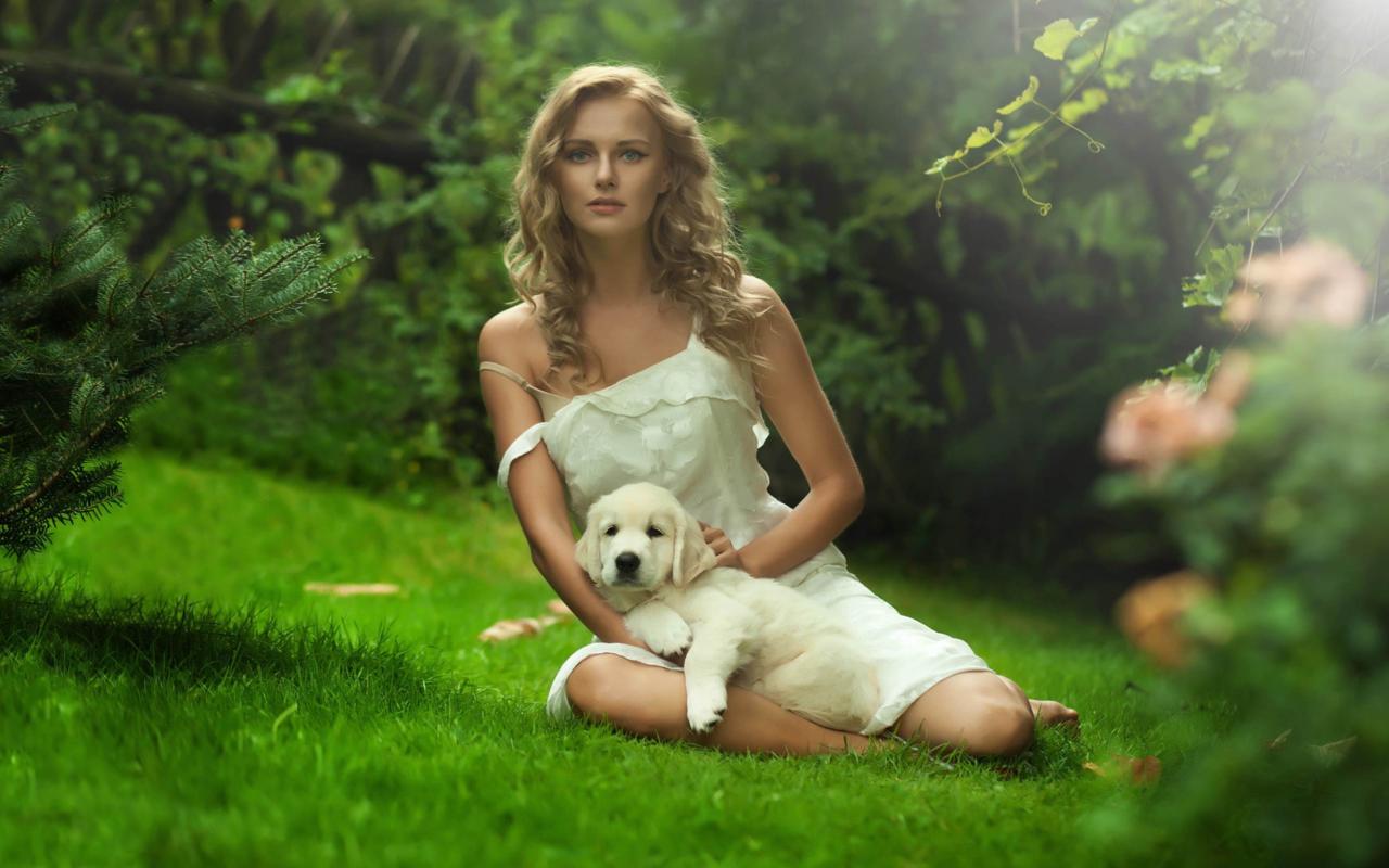 blonde, blue eyed beauty, dog, girl, dress, sexy, outdoor, flowers, widescreen, non nude