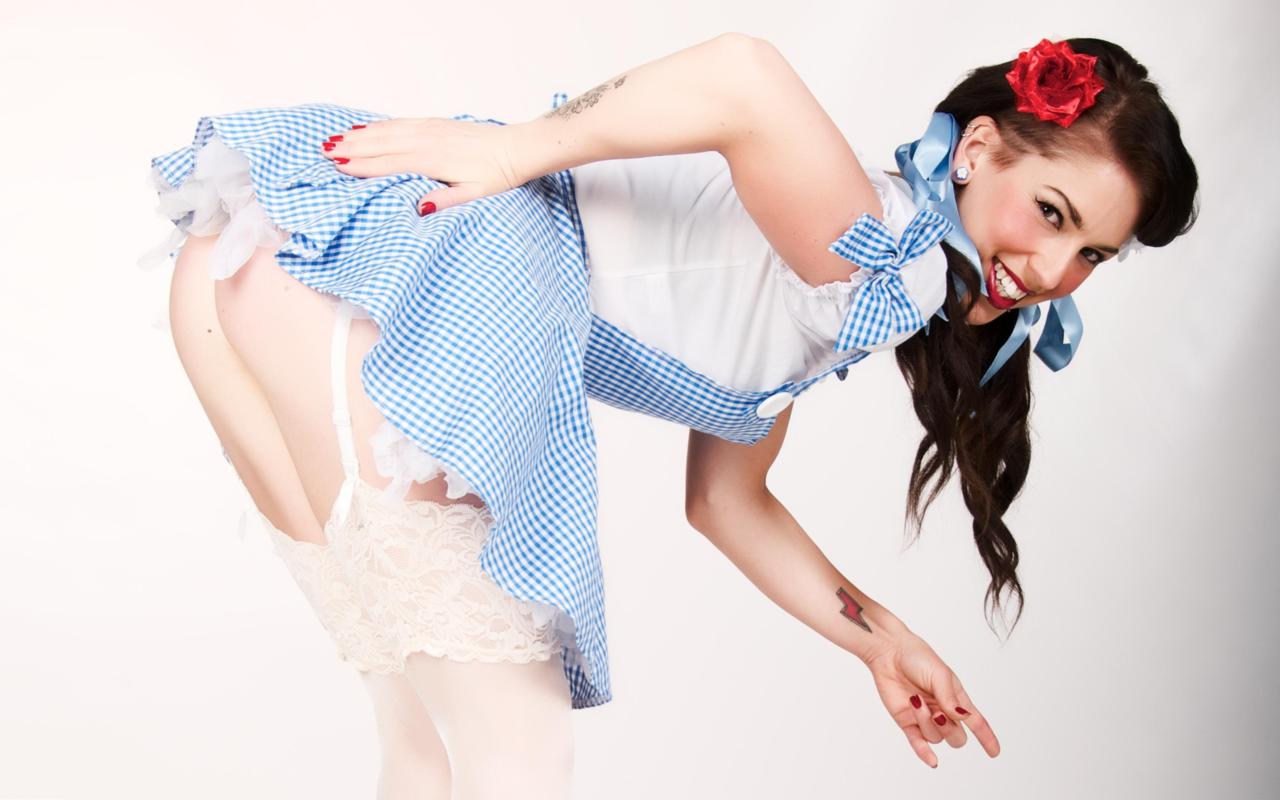 young, brunette, model, slim, sexy babe, long hair, tattoo, posing, bend forward, sexy dressed, lingerie, cosplay, dorothy, costum, stockings, pin up style, make up art, hi-q, nice rack, sexy ass, string, sexy, ass wallpaper, erotic, red lips