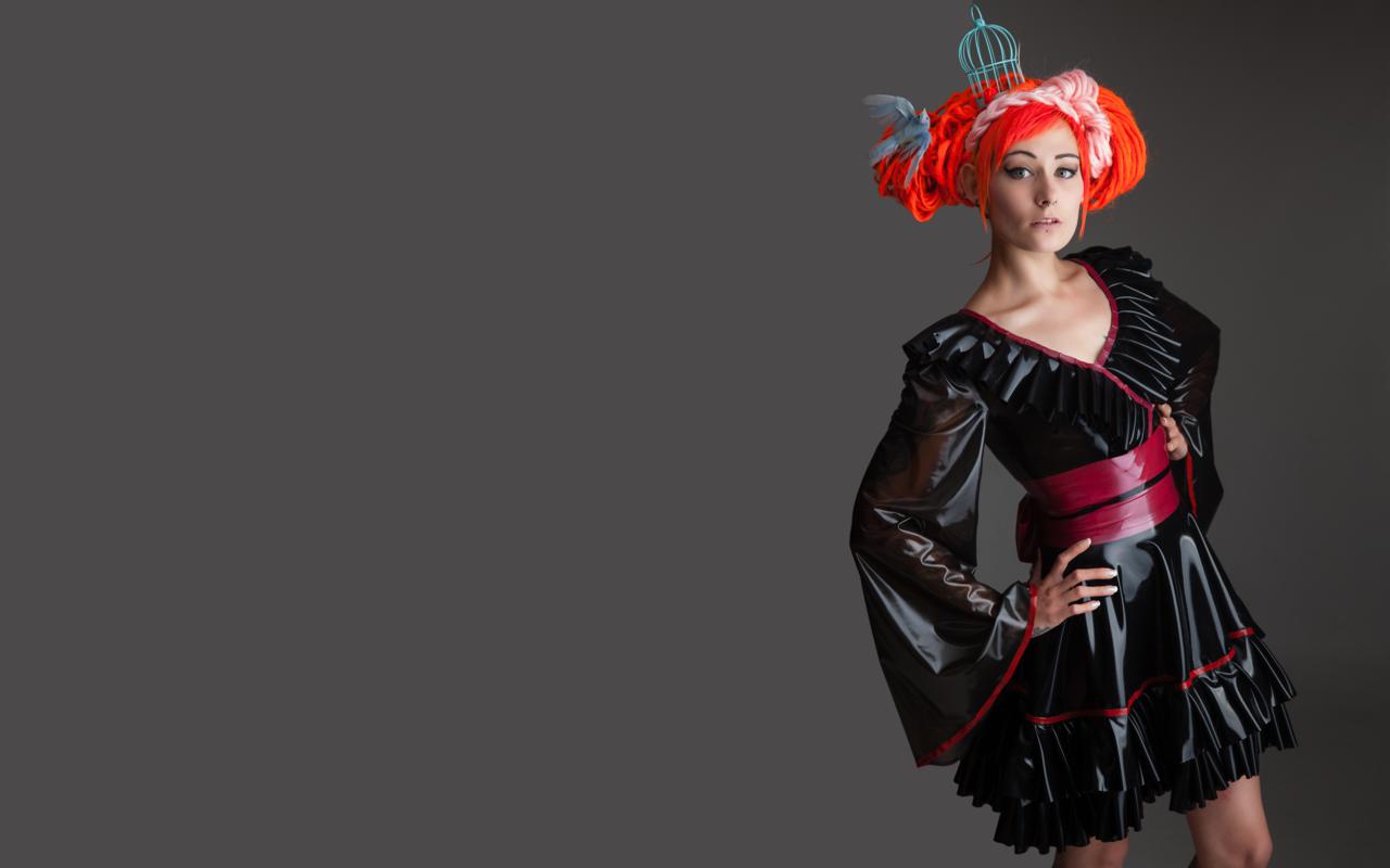 alternative, best quality, black, braids, cyber punk, erotic art, fetish, fetish babe, gown, hi-q, latex, minimalist wall, model, orange hair, own cut, posing, rubber, sexy babe, shiny, slim, ultra