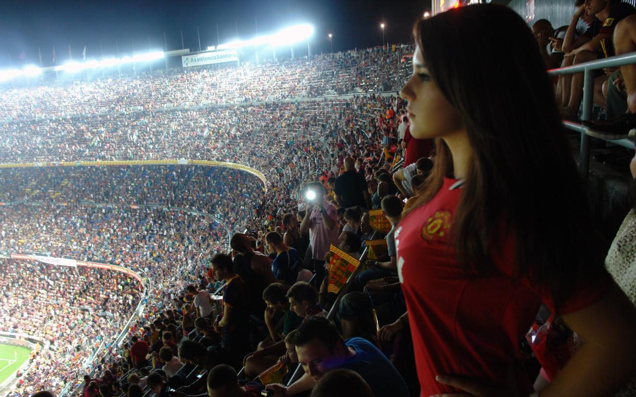 girl, brunette, stadium, cute, long hair, sport, stands, old trafford, manchester united stadium