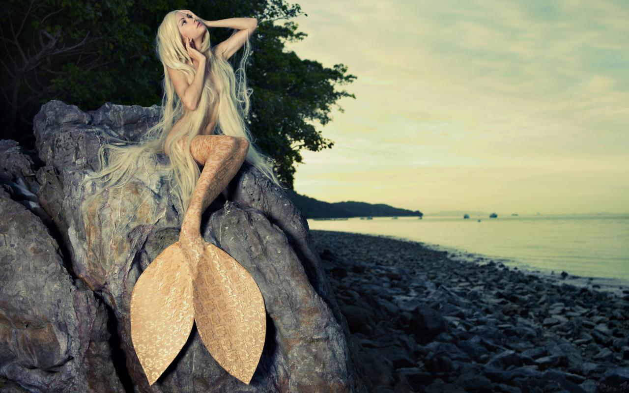 cosplay, mermaid, sea side, rock