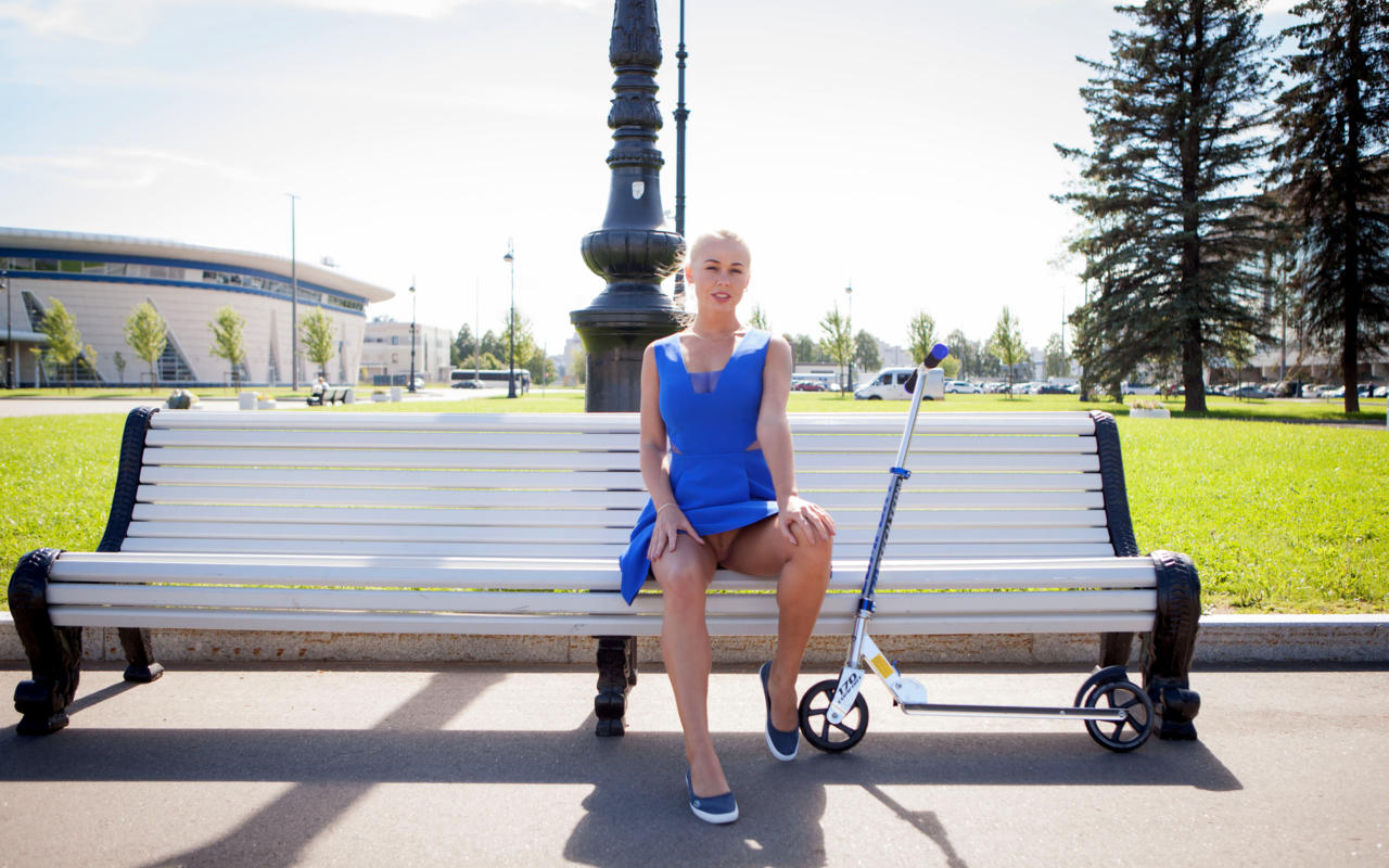 sarika, sarika a, anna s, darina a, davina, blonde, outdoors, dress, no panties, spread legs, shaved pussy, landing strip, scooter, hi-q