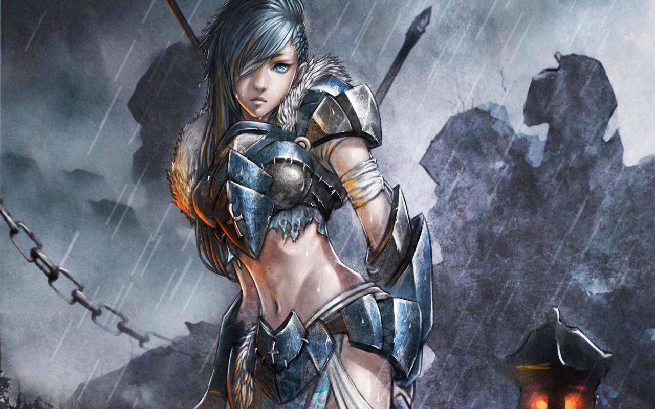 art, warrior, women, armour, rain, fantasy