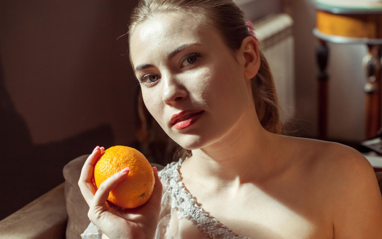 alaine, sexy, teen, pale skin, posing, orange